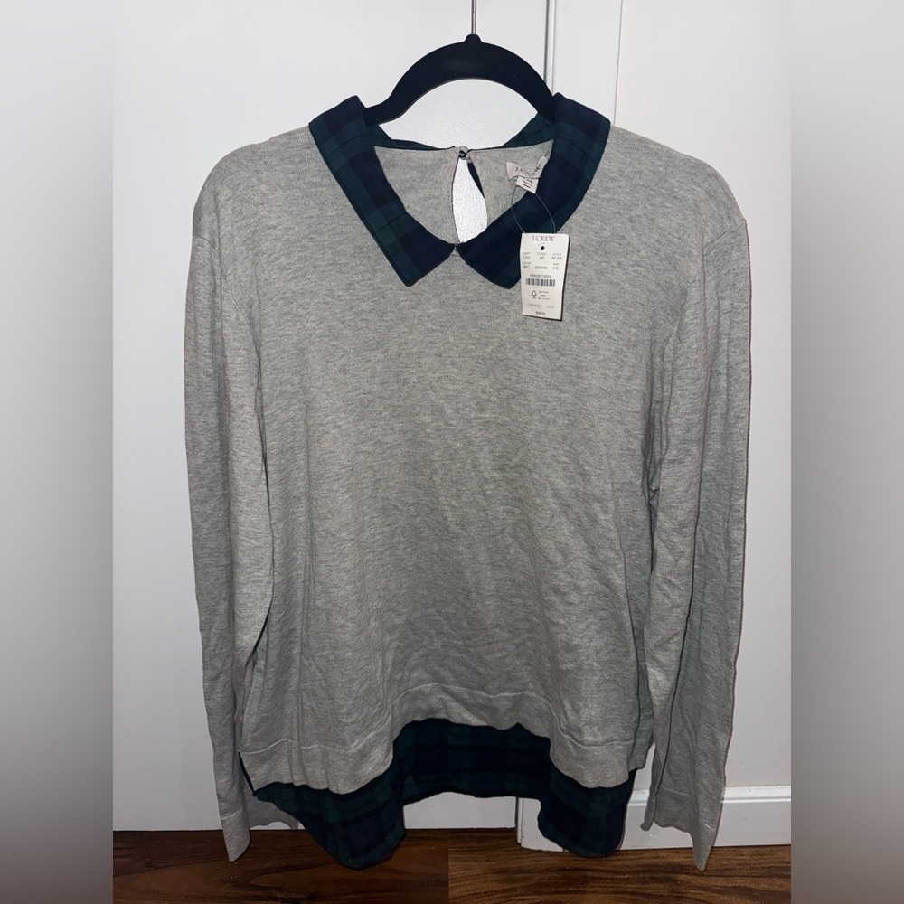J Crew XXL Women’s Gray Long Sleeve Top with Plaid Collar and Bottom Layer
